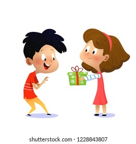 Children's birthday. Girl gives boy a present. Vector cartoon illustration