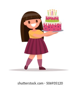 Children's birthday.  Girl holding a large cake. Vector illustration in a flat style