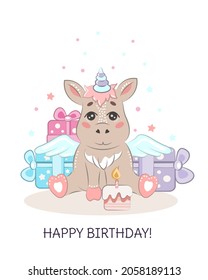 Children's birthday greeting card with a cute unicorn. The unicorn is sitting surrounded by gifts with a cake. Vector illustration in cartoon style isolated on a white background