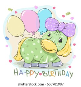 Children's birthday greeting card. A little cartoon cute pony with balloons.