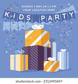 children's birthday greeting, invitation. A set of huge gifts on a blue background. Decoration with flags and confetti.