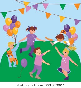 Children's birthday, holiday. Children's Day. Happy childhood, girls and boys of different ages with colorful balloons have fun and dance. Vector illustration isolated on meadow background