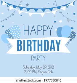 Children's birthday invitation. Boy's birthday card in blue colors.