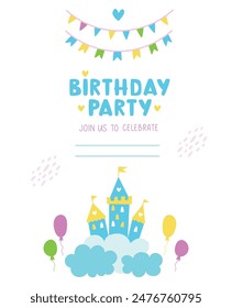 Tarjeta de invitación de cumpleaños para niños para el diseño de Plantilla de Vector de niño. Tarjeta de invitación de fiesta de cumpleaños con lindos Elementos de decoración para el evento de los niños 