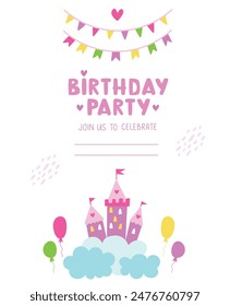 Childrens birthday invitation card for girl vector template design. Birthday party invitation card with cute decoration elements for kids event 