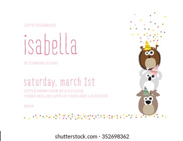 Children's Birthday invitation card with small round animals throwing confetti. Vector and illustration design.