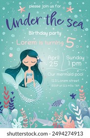 Childrens birthday invitation card. Under the sea party, little mermaid. Vector illustration