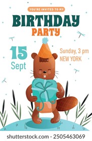 Childrens birthday invitation with a cute beaver in a festive hat holding a blue gifton a white background. Vector