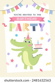 Childrens birthday invitation. Cute crocodile with cake and party hat. Vector illustration template