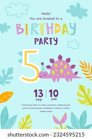 Children's birthday invitation with cute dino. Kids birthday party banner with dinosaur and plants.