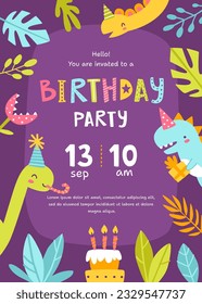 Children's birthday invitation with cute dino. Purple birthday party card with festive dinosaurs and plants for kids.