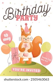 Childrens birthday invitation cute fox, festive balloons, and a gift on a white background. Vector