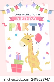 Childrens birthday invitation. Cute giraffe with gifts and balloon. Vector illustration template