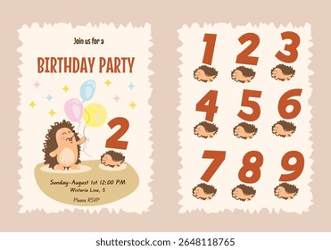 Convite de aniversário de crianças com ouriço bonito com balões e conjunto de números. Cartão de festa de aniversário infantil com coleção de números. Ilustração vetorial.
