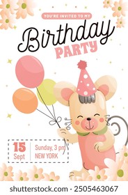 Childrens birthday invitation with a cute mouse holding festive balls in its paws among summer flowers. Vector