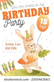 Childrens birthday invitation with a cute rabbit carrying a gift of carrots and holding a balloon. Vector