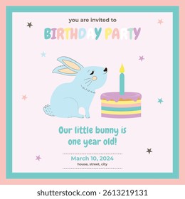 Children's Birthday Invitation with Cute Rabbit, Cake, Candle and Stars, Party, Cake, Candle, Star, Rabbit, Bunny, Baby, Greeting, Card, Kids, Child, Holiday