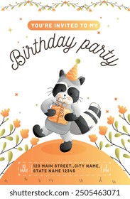 Childrens birthday invitation with a cute raccoon carrying a festive gift on a white background. Vector