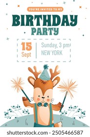 Childrens birthday invitation with a cute reindeer with sparklers and a festive hat a white background. Vector