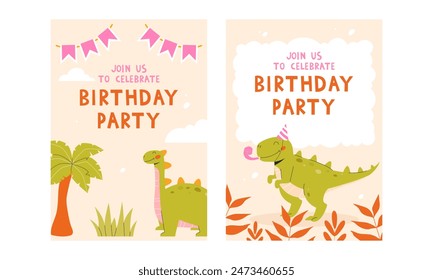 Childrens birthday invitation with dino. Children's posters set with dinosaurs