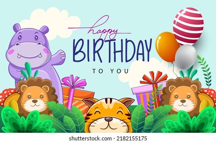 Children's birthday invitation and Greeting card, Happy Birthday party. Cute cartoon with balloon and gift, Jungle animals theme.