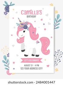 Children's birthday invitation, illustration with unicorn