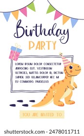 Childrens birthday invitation. Kid party poster with dinosaur. Cute tyrannosaur postcard