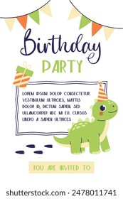 Childrens birthday invitation. Childrens party poster with dinosaur
