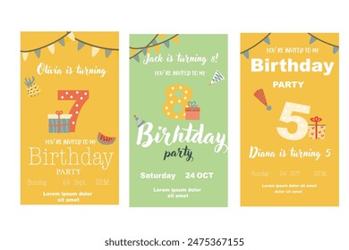 Childrens birthday invitation posters set. Can used for birthday party, childish design. Cute animals and gifts. Tropical animals party invite backgrounds set.