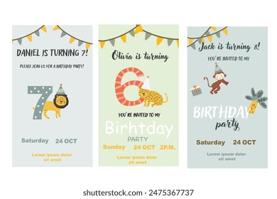 Childrens birthday invitation posters set. Can used for birthday party, childish design. Cute animals and gifts. Tropical animals party invite backgrounds set.