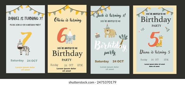 Childrens birthday invitation posters set. Can used for birthday party, childish design. Cute animals and gifts. Tropical animals party invite backgrounds set.