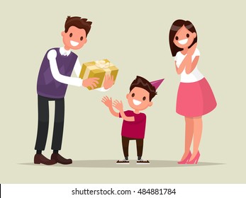 Children's birthday. Parents give her son a  present. Vector illustration of a flat design