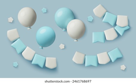 Colección de decoraciones de Vector 3D de la fiesta de cumpleaños de los niños. Globos de aire azules y blancos, banderas, guirnaldas y estrellas. Lindo juego de arte de Clip tridimensional para un niño con sombras realistas.