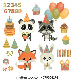 Children's birthday party. Cute birthday. Raccoon, fox, rabbit and panda. Cake, presents, balloons. Vector set
