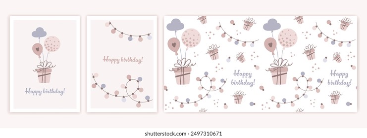 Conjunto de Elementos de fiesta de cumpleaños para niños. Linda tarjeta de felicitación y patrón sin fisuras en estilo plano de moda. Ilustración vectorial de globos, regalo y guirnalda en diseño de dibujos animados.
