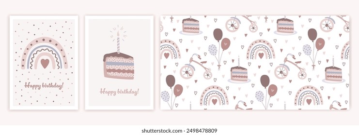 Childrens birthday party elements set. Cute greeting card and seamless pattern in flat trendy style. Vector illustration of rainbow, cake, tricycle, balloons in cartoon design.

