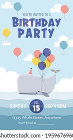 Children's birthday party invitation template with cartoon whale, sea or ocean, and balloons. 