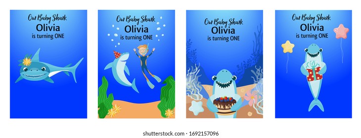 Children's birthday party invitations set with cute baby shark. Vector illustration.