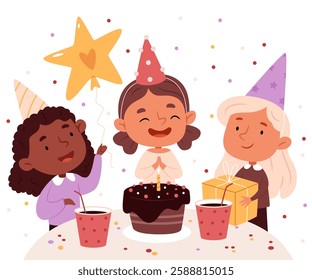 Children's birthday. Three girlfriends congratulate each other on their birthday. Cake, balloons, confetti.