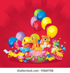 Children's birthday: toys, birthday cake, balloons and gift boxes