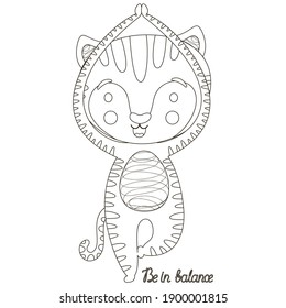 Children's black and white cartoon illustration of a cute little joyful tiger cub in yoga asana Vrikshasana tree pose and phrase "Be in balance". Sporty outline cat for coloring book. Vector.