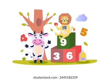 Childrens blocks concept with character scene in flat cartoon design. The little cow and the lion learn numbers by playing with cubes. Vector illustration.