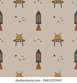 Children's boho seamless pattern with rocket, stars, space motif. Repeating gray brown background for boys in bohemian style for textile, card, poster, wallpaper, fabric Hand drawn vector illustration
