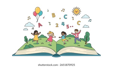 Childrens book about learning numbers letters and music on a sunny day with balloons