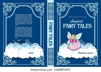 Children's book cover design featuring a fairy flying above the clouds, with elegant blue frame and decorative ornaments