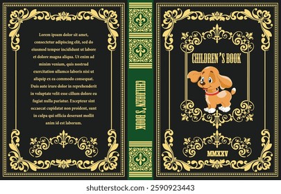 Children's book cover design showcasing a playful puppy and elegant golden frame on a black background, perfect for captivating young readers. Hand drawn Illustration