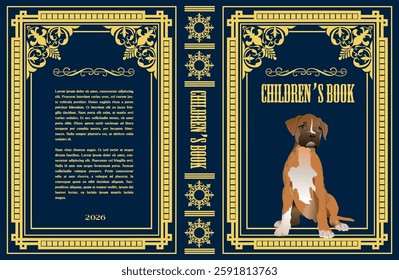 Children's book cover design showcasing a cute boxer puppy sitting within an ornate golden frame on a dark blue background. Hand drawn Illustration