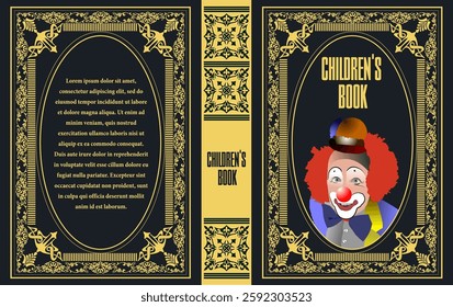 Children's book cover design showcasing a cheerful clown, set within an elegant oval frame with intricate gold and black ornamentation. Hand drawn Illustration