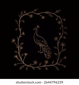 Capas de livros infantis com padrão de pavão de ouro em moldura de dente-de-leão. Esboço de pássaros. Ornitologia. Fauna selvagem. Aves selvagens. Contos de animais. Pena mágica.