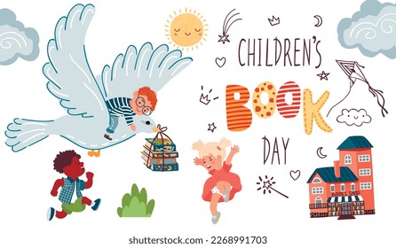 Children's Book Day banner with kids,books.Fun little characters, flying bird with boy,buildings,sun and clouds,graphic elements and handwritten text.Cartoon flat style illustration isolated on white.